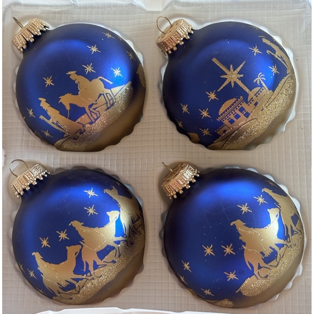 4 Vtg Christmas By Krebs Blue & Gold Nativity Scene Ornaments Gold Crown Caps